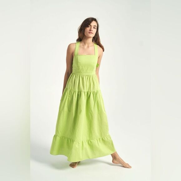 Rachel Antonoff Hannah Maxi Dress Lime Green Linen Cotton Blend 12 - Picture 1 of 10